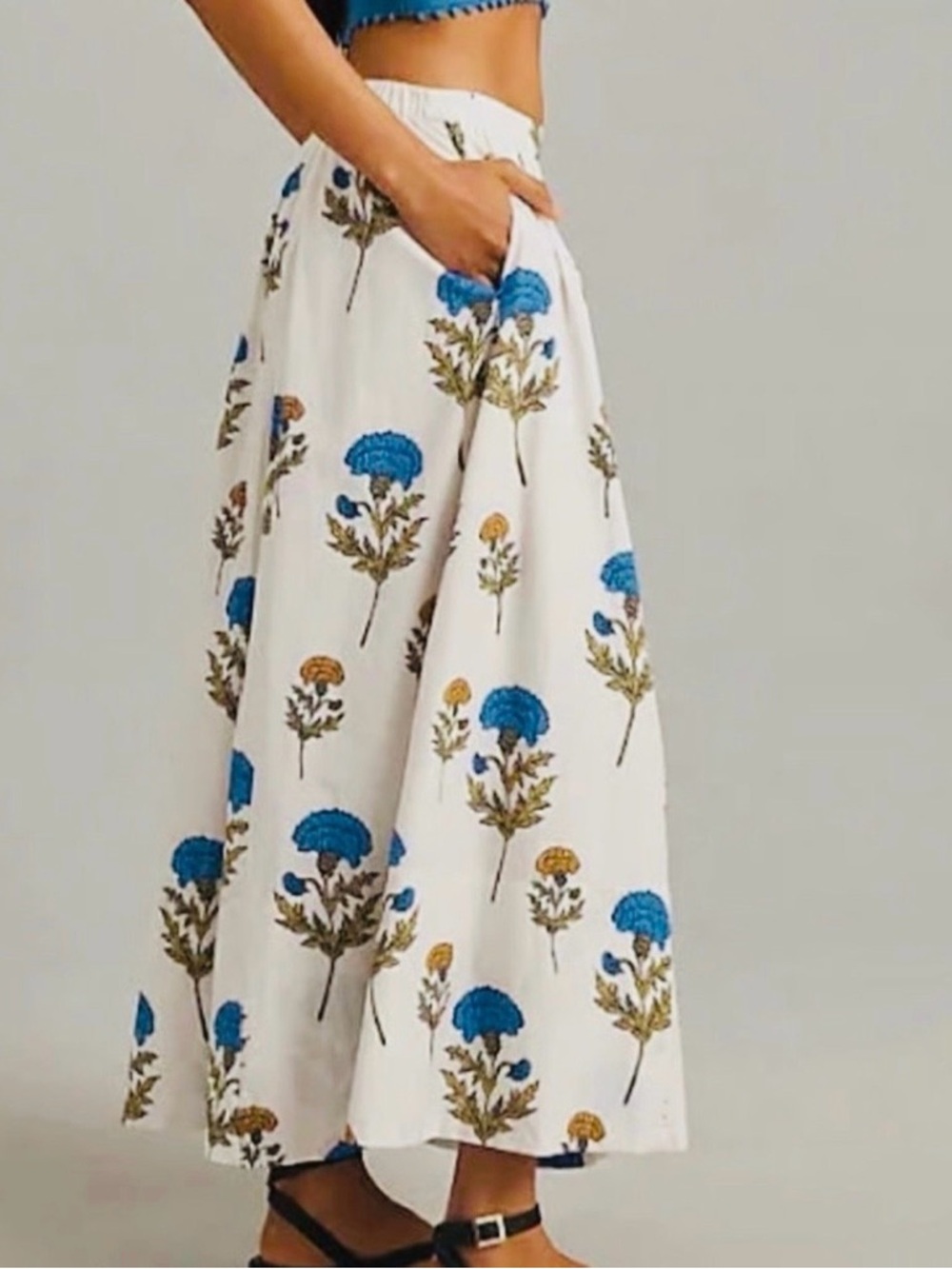 NWT Anthropologie Maeve Jacie White Maxi Skirt with Blue & Mustard Floral Print - Picture 2 of 12
